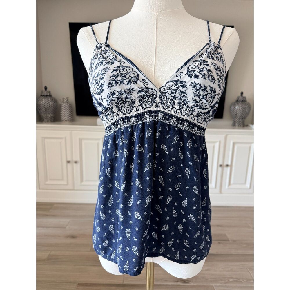 Ganji LA Paisley Babydoll Cami Tank Top Small Navy Blue Boho Smocked Blouse